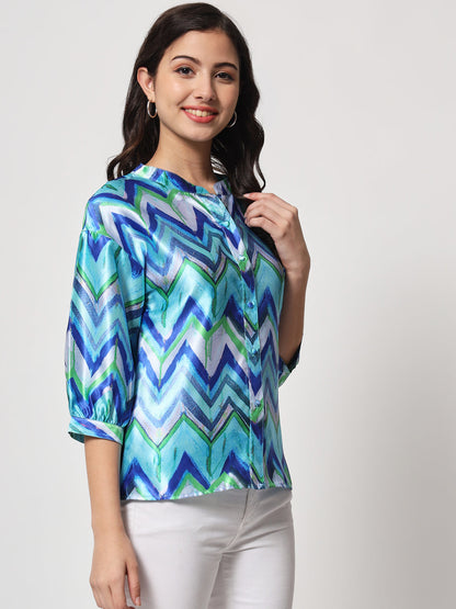 Women's Blue & Green Geometric Print Shirt Style Top