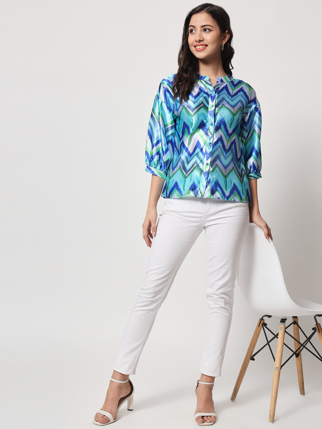 Women's Blue & Green Geometric Print Shirt Style Top