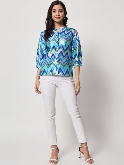 Women's Blue & Green Geometric Print Shirt Style Top