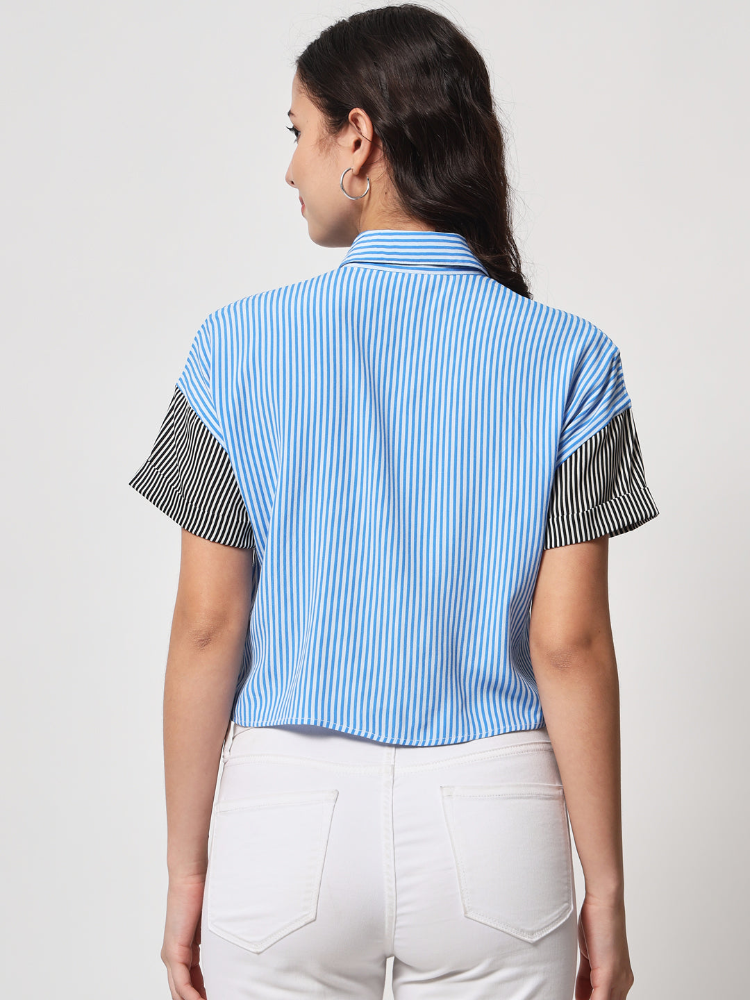 Blue & Black Striped Shirt Style Crop Top