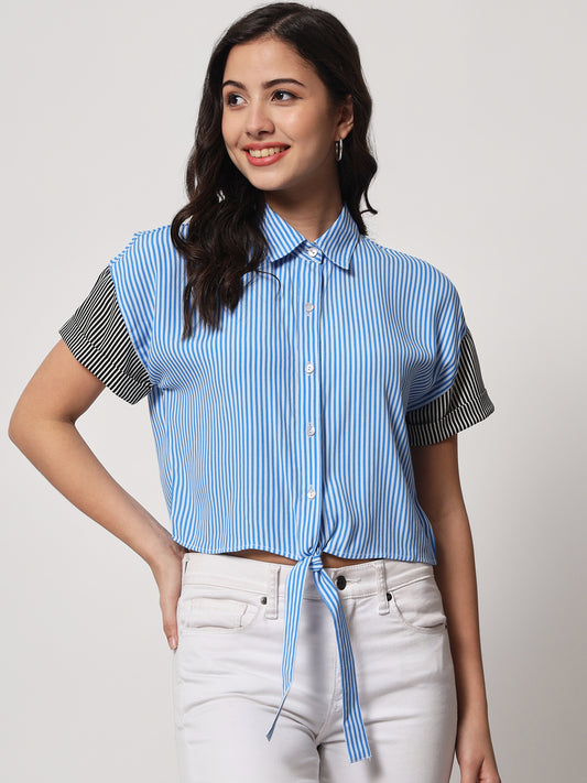 Blue & Black Striped Shirt Style Crop Top