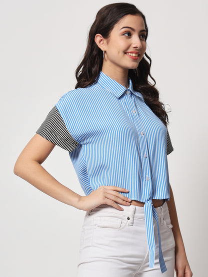 Blue & Black Striped Shirt Style Crop Top