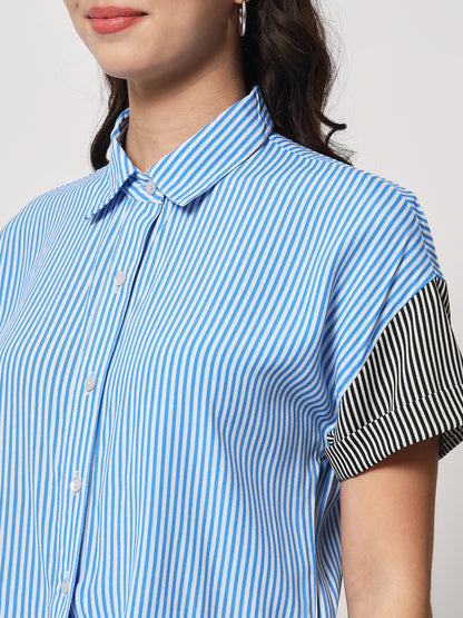 Blue & Black Striped Shirt Style Crop Top