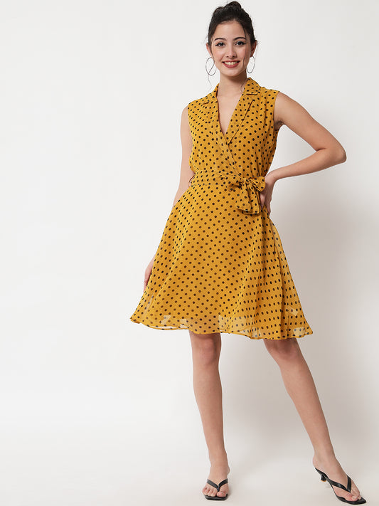 Tie-Up A-Line Polka Dot Yellow Dress