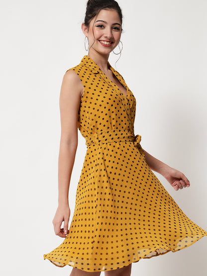 Tie-Up A-Line Polka Dot Yellow Dress