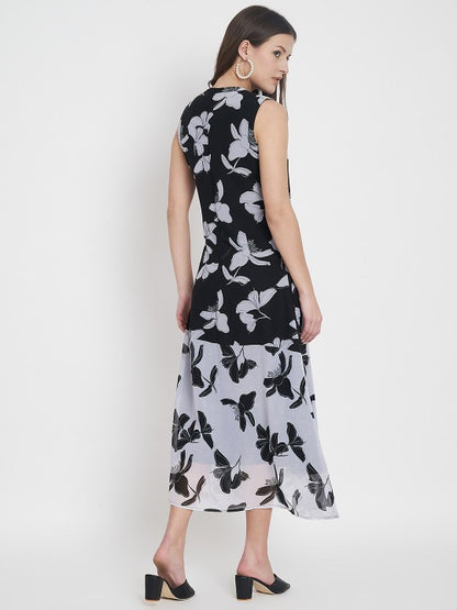 Floral Print Georgette Round Neck A-Line Midi Dress