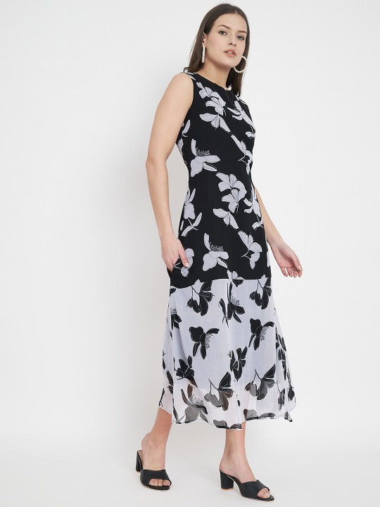 Floral Print Georgette Round Neck A-Line Midi Dress